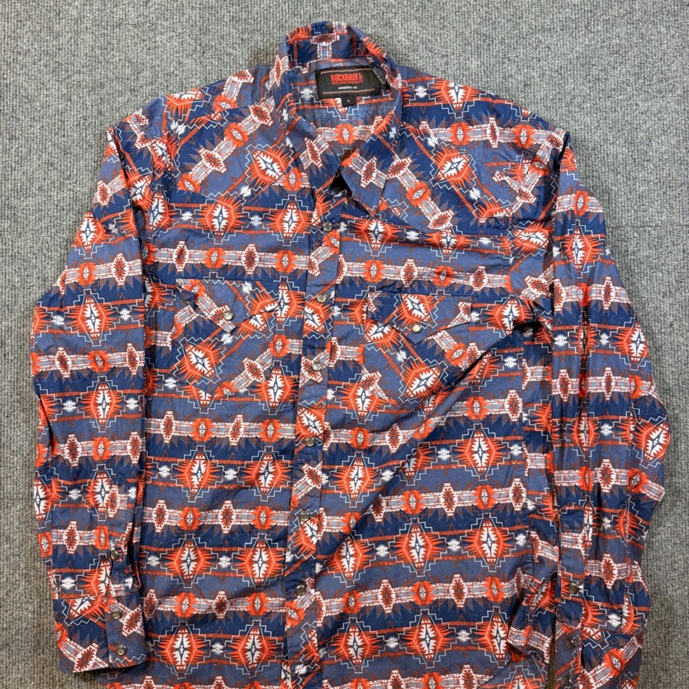 Rock and Roll Denim Mens Modern Fit Western Pearl Snap Shirt Blue Orange L